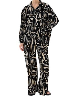 Extro & Vert | Plisse Abstract Print Wide Leg Trousers Button Down Set Size XS